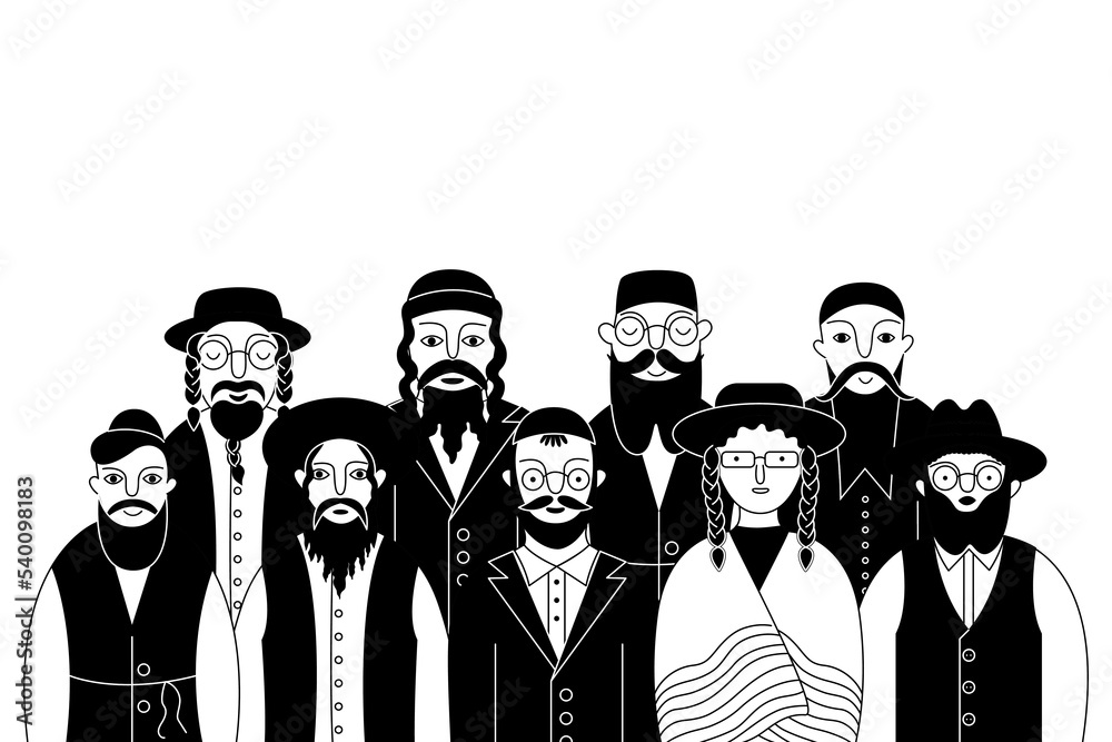 Israeli Characters Jews characters in kippah, tefillin, fedora, and homburg. Set of Israel ...