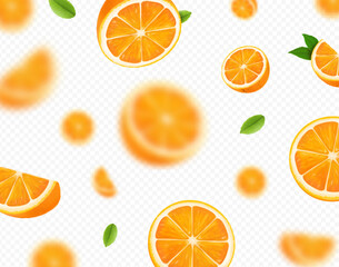 Wall Mural - Refreshing orange background. Juicy oranges with green leaves falling with unfocused slices.. Flying fruit Vector