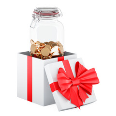 Poster - Glass jar with golden coins inside gift box, gift concept. 3D rendering