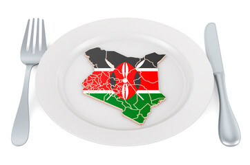 Poster - Kenyan cuisine concept. Plate with map of Kenya. 3D rendering