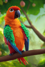 Colorful Amazon Macaw On Tree On Rainforest Background, Digital Painting Illustration