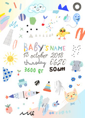  Cute birth poster. Newborn metric. Vector 