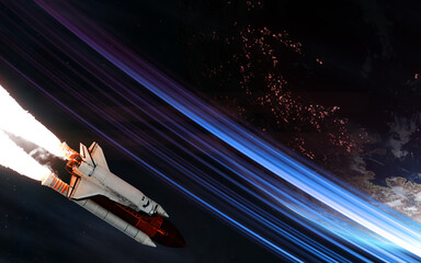 Wall Mural - space shuttle on background of habitable deep space planet. science fiction. elements of this image 