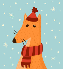 Cute New Year's illustration with a fox in a hat. The illustration is made in the style of flat art, the design is suitable for a New Year's card. Delicate pastel colors of blue and red