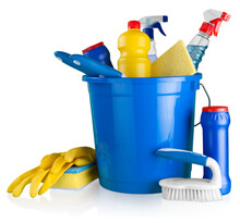 House Cleaning Equipment and Supplies in Bucket - Isolated