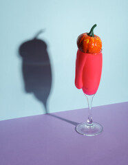 Creative halloween layout, cocktail glass with neon slime and pumpkin on two tone pastel background. Visual trend. Minimalistic aesthetic still life. Party concept. Fresh idea