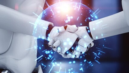 Poster - 3D rendering hominoid robot handshake to collaborate future technology development by AI thinking brain, artificial intelligence and machine learning process for 4th industrial revolution.