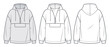 Unisex Hoodie technical fashion illustration. Oversize Sweatshirt, Anorac fashion flat technical drawing template, zip-up, pocket, front and back view, white, grey, women, men, unisex cad mockup set.