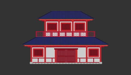 Two storey traditional Chinese building with a blue roof on a gray background