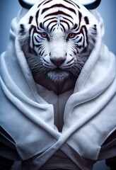 Wall Mural - Fantasy portrait of a militant tiger assassin in an ancient assassin costume. The concept of ancient warriors. 3D rendering