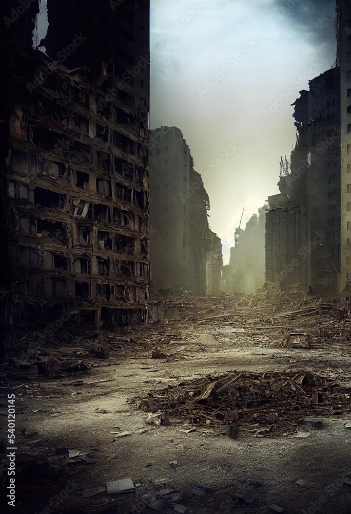 A Post Apocalyptic Ruined City Destroyed Buildings Destroyed Roads