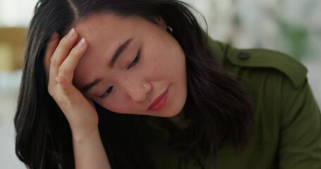 Poster - Stress, laptop or burnout Asian woman with headache from work problem, finance report or 404 computer error. Sad, tired or corporate girl with anxiety, depression or mental health from tax audit