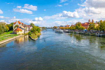  The Danube River as it runs through the Bavarian town of Regensburg, Germany, with the medieval old town on the right.