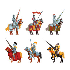 Poster - Armored Medieval Knight or Cavalryman Sitting on Horseback Holding Lance Vector Set