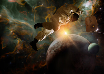 Wall Mural - astronaut trying to reach a radio in space