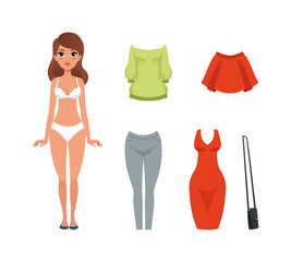 Canvas Print - Beautiful Female in Underwear with Different Clothes Around for Dress Up Vector Set