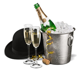 Wall Mural - Two glasses of champagne and bottle on background