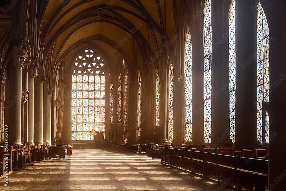 Romantic Byzantine Gothic cathedral interior, religious stained glass ...