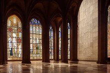 Romantic Byzantine Gothic Cathedral Interior, Religious Stained Glass Windows And Columns. AI Generated Image.