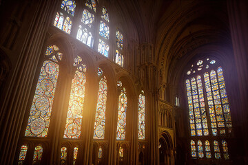 Romantic Byzantine Gothic cathedral interior, religious stained glass windows and columns. AI generated image.