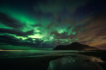 beautiful colorful northern lights captured in the lofoten islands in northern norway.