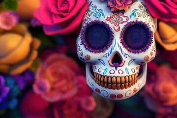 A colorful portrait of a skull and flowers for 