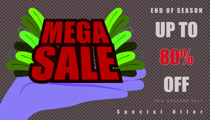 Sticker - Open hand holding Mega Sale and leaf. up to 80, end-of-year special offer promotion