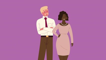 Canvas Print - blond and afro workers couple animation