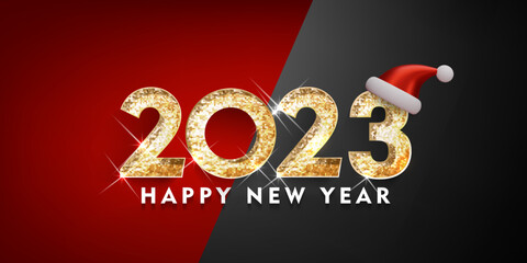 Wall Mural - 2023 Happy new year. Gold Design of greeting card. Gold Shining Pattern. Happy New Year Banner with 2023 Numbers on Bright Background. Vector illustration
