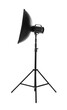 © New Africa - Studio flash light with reflector on tripod against white background. Professional photographer's equipment