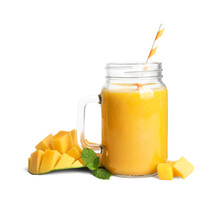 Mason Jar Of Tasty Mango Smoothie And Fresh Fruit On White Background