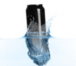 Black aluminum can with splash of water on white background