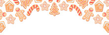 Banner Of Flat Lay Christmas Sugar Cookies With Red Icing On Transparent Background. Xmas Tree, Star Snowflake, Candy Cone, Gingerbread House Man. Header, Newsletter, Poster, Graphic Illustration