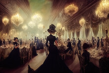 Historical Recreation Painting Of Medieval Costume Ball Inside Grand Palace. Interior Of Ballroom In An Aristocratic, Royal Party With Silhouettes Of People Dressed In Long Dresses In Victorian Art.