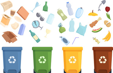 Poster - waste sorting icons set cartoon vector. garbage sorting. sort ecology
