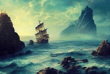 Fantasy Pirate Ship On Ocean With Dramatic Sky, With Concept Artwork. Heroic Fantasy Painting, Harmonious Color.