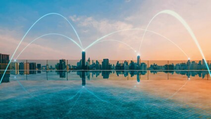 Smart digital city with connection network reciprocity over the cityscape . Concept of future smart wireless digital city and social media networking systems that connects people within the city .