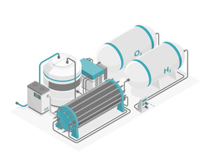 hydrogen h2 energy power plant production green power ecology system layout diagram blue isometric vector