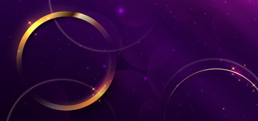 3D gold circle on purple background with lighting effect and space for text.