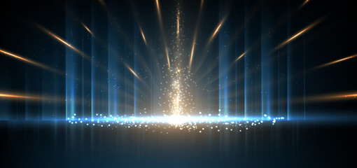 Poster - Luxury golden and light blue glowing lines with lighting effect sparkle on dark blue background.