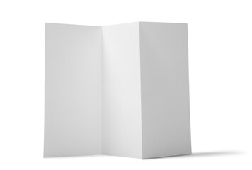 Wall Mural - Close up of a blank folded leaflet white paper on white background