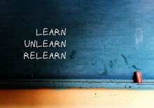 Vintage School Chalkboard With Handwritten Text Learn Unlearn Relearn - Concept Of Knowing To Discard Learned Outdated Knowledge Or Skills Or Fake Information And Ready To Relearn New Ones