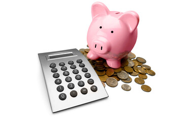 Poster - Pink Piggy bank with money isolated on white background