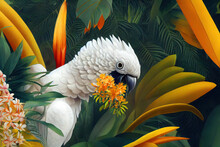 White Cockatoo In Exotic Jungle Full Of Tropical Leaves And Large Flowers. Amazing Tropical Floral Patten For Print, Web, Greeting Cards, Wallpapers, Wrappers.  3d Illustration