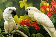 White Cockatoo In Exotic Jungle Full Of Tropical Leaves And Large Flowers. Amazing Tropical Floral Patten For Print, Web, Greeting Cards, Wallpapers, Wrappers.  Digital Art