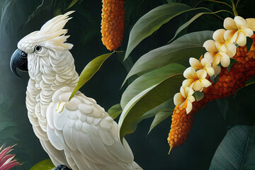 Sticker - White cockatoo in exotic jungle full of tropical leaves and large flowers. Amazing tropical floral patten for print, web, greeting cards, wallpapers, wrappers.  3d illustration