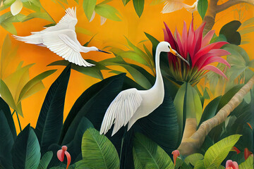  White crane in exotic jungle full of tropical leaves and large flowers. Amazing tropical floral patten for print, web, greeting cards, wallpapers, wrappers.  3d illustration