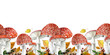 Seamless pattern mushrooms. Fly agarics. Watercolor illustration. Red mushrooms, leaves, twigs, berries. Autumn time. For website design, packaging, scrapbooking, etc.