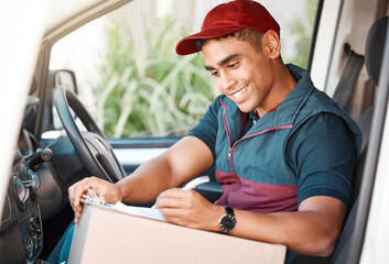 Poster - Delivery man, driver and writing on checklist or box working for courier service with package, shipment or parcel in cargo vehicle. Transportation, logistics and guy ready to deliver ecommerce order