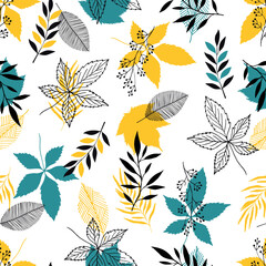 Wall Mural - Vector autumn pattern with leaves. Scandinavian style. Linear boho sketch. Blue and yellow colors
